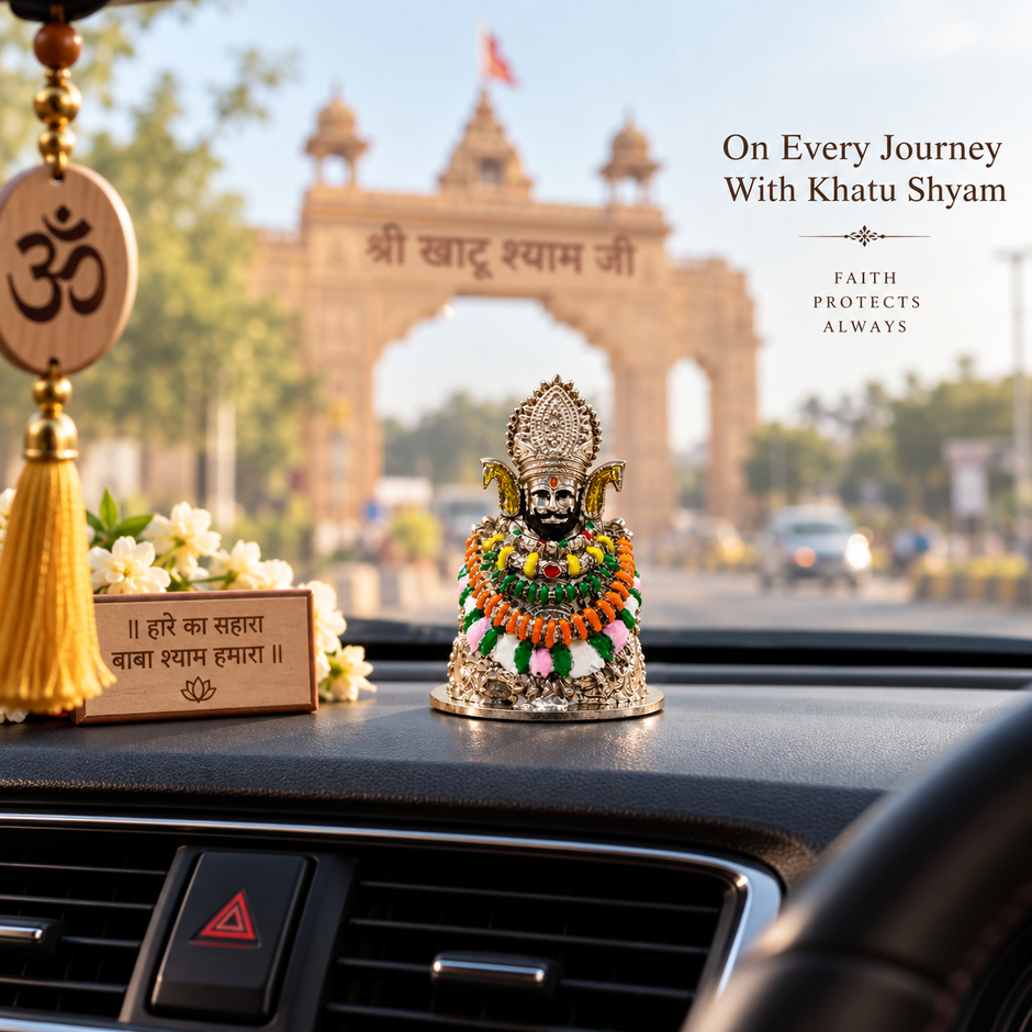 Khatu Shyam Ji idol displayed on a desk with devotional decor and books