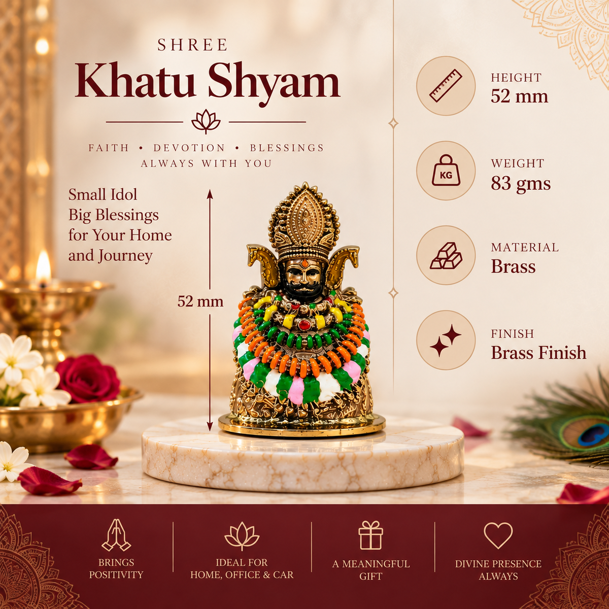 Shree Khatu Shyam Ji Murti | 52 mm Brass Idol with Brass & Silver Finish