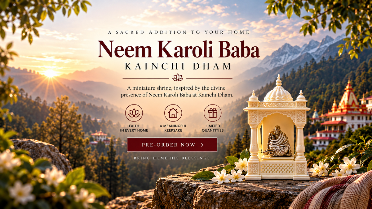 Neem Karoli Baba idol with Kainchi Dham miniature mandir, a sacred spiritual keepsake for home temple and gifting