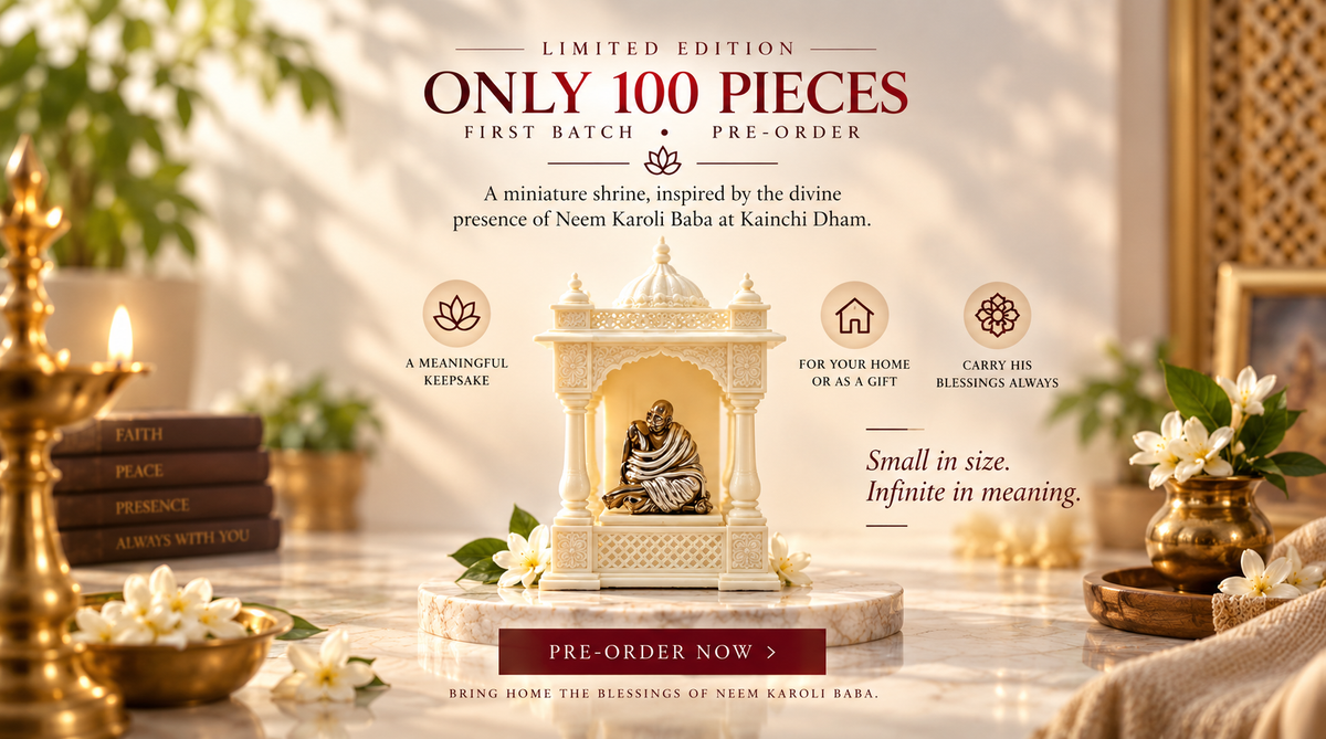 Neem Karoli Baba miniature Kainchi Dham shrine for home mandir, designed to bring faith, peace, blessings and divine presence.