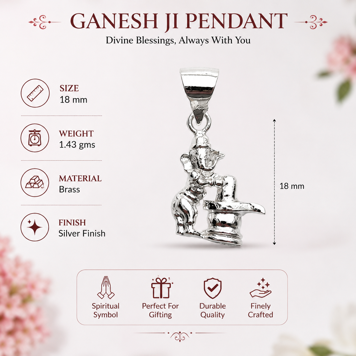 Ganesh Ji with Shivling Pendant in brass with silver finish placed on stone with diyas and flowers
