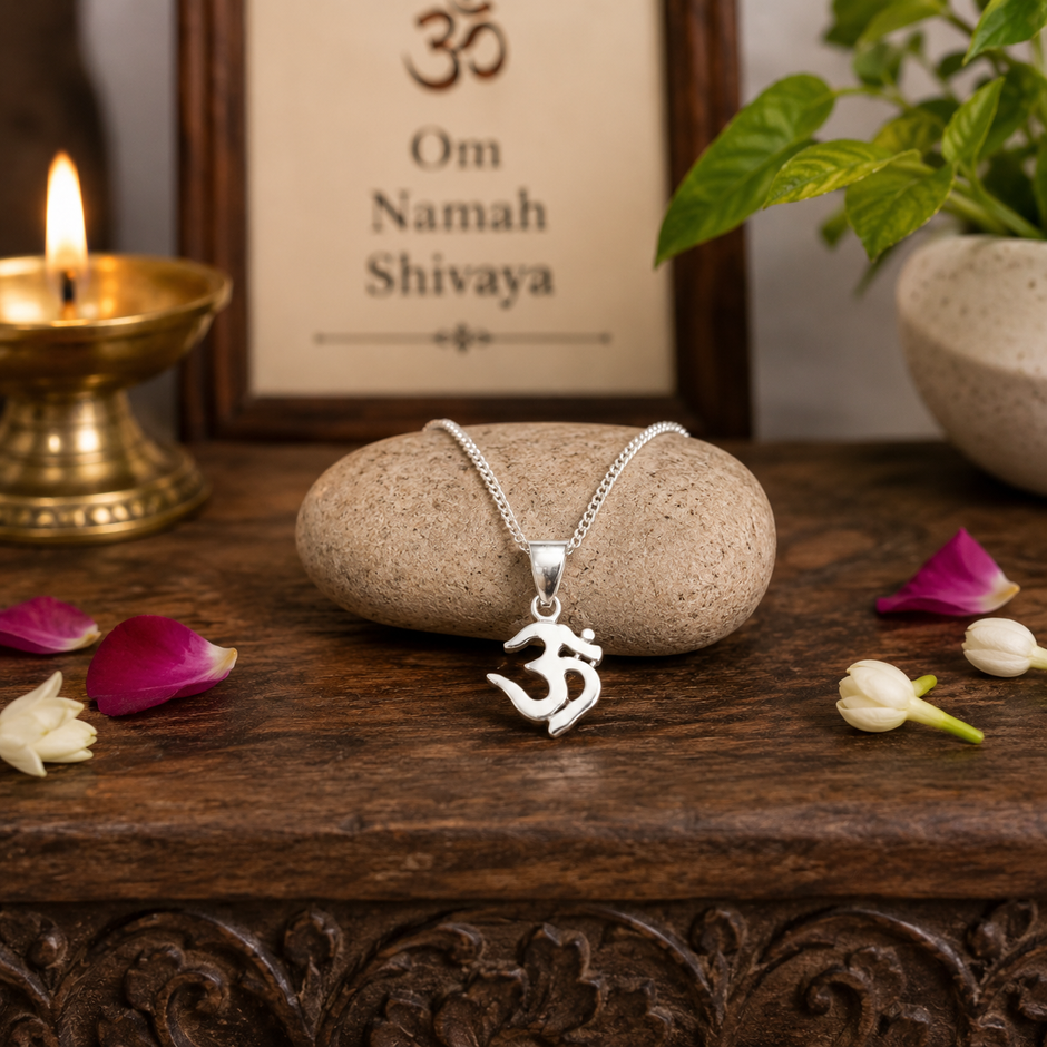 Om pendant in brass silver finish on stone with Om Namah Shivaya frame, rose petals, and diya in background