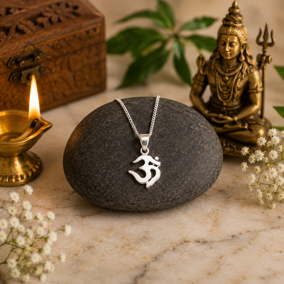 Om pendant brass silver finish on black stone with Lord Shiva idol and diya in background