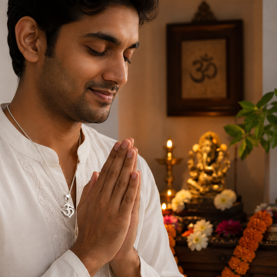Man wearing Om pendant in brass silver finish while praying in front of Ganesh Ji idol and diya