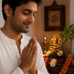 Man wearing Om pendant in brass silver finish while praying in front of Ganesh Ji idol and diya