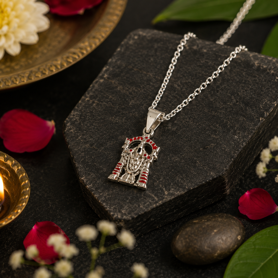 Tirupati Balaji pendant brass silver finish with red enamel on dark stone with rose petals, white flowers and pebble