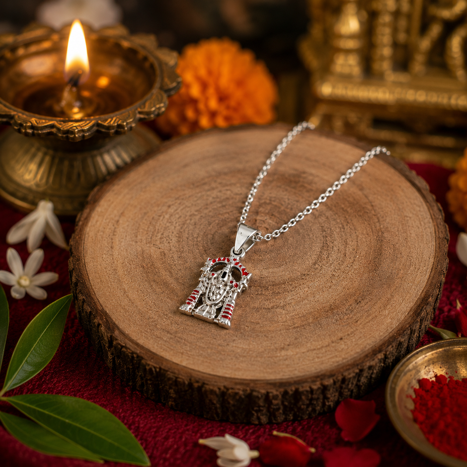 Tirupati Balaji pendant with red enamel on wooden slice with diya, marigold, jasmine flowers and brass idols