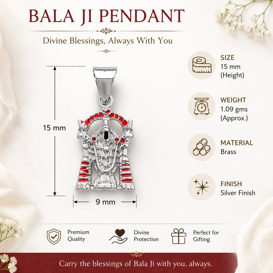 Close-up of Tirupati Balaji pendant with red enamel temple arch design in brass with silver finish