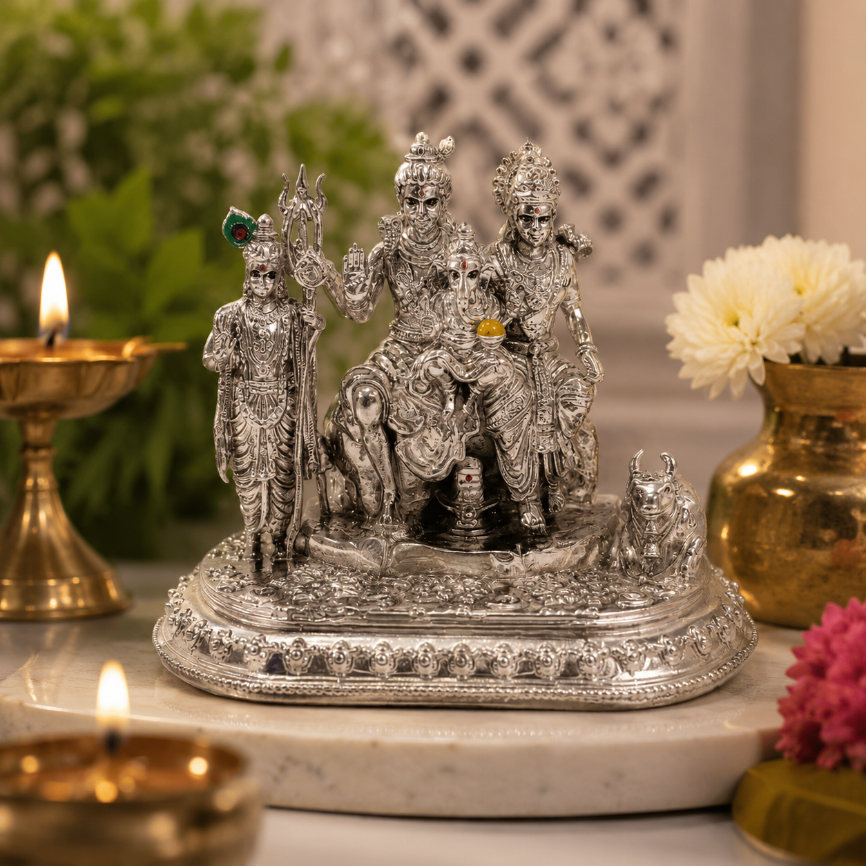 Shiv Parivar Idol | Premium Brass Idol with Brass & Silver Finish | Lord Shiva Parvati Ganesh Kartikeya Murti for Home Temple
