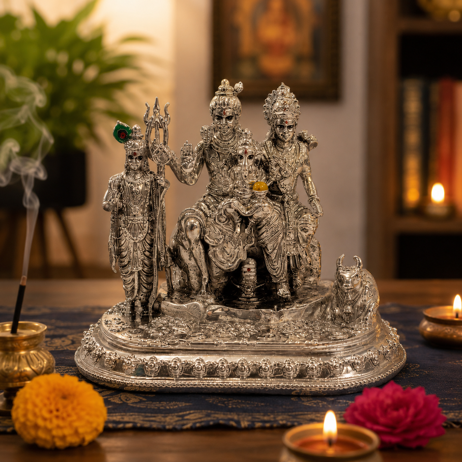 Shiv Parivar Silver Finish Brass Idol — Shiva Parvati Ganesh Kartikeya Nandi on ornate platform with diyas