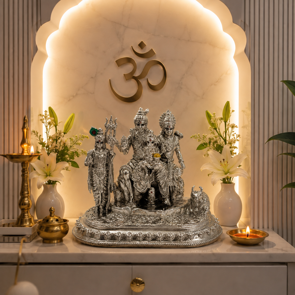 Shiv Parivar Idol | Premium Brass Idol with Brass & Silver Finish | Lord Shiva Parvati Ganesh Kartikeya Murti for Home Temple