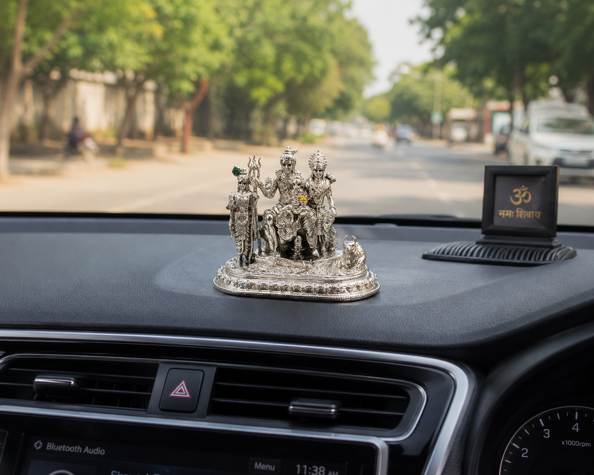 Shiv Parivar Idol | Premium Brass Idol with Brass & Silver Finish | Lord Shiva Parvati Ganesh Kartikeya Murti for Home Temple