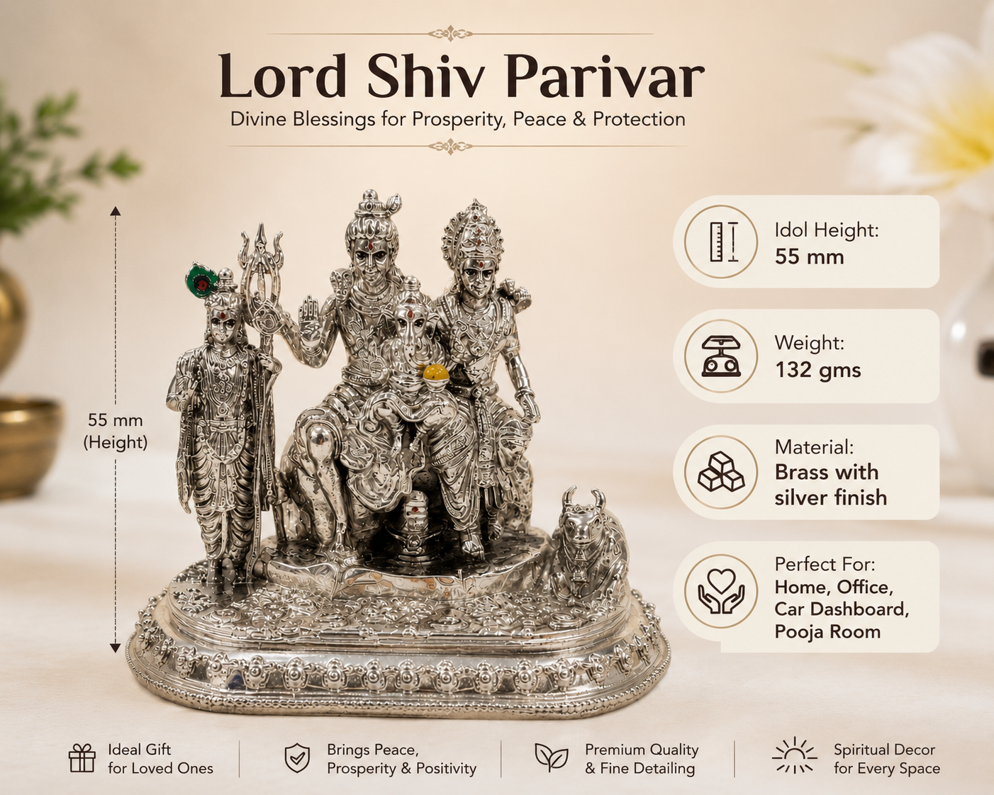 Shiv Parivar Idol size chart — 55mm height, 132g, Brass with Silver Finish, perfect for home temple and office