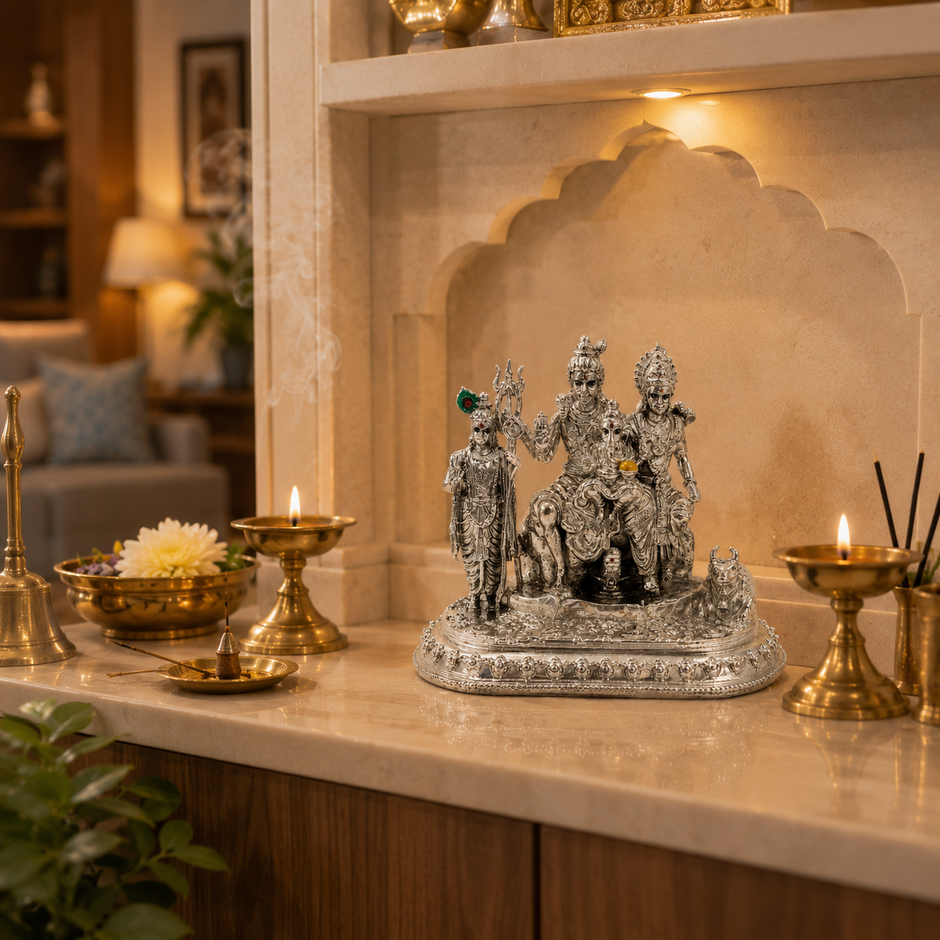 Shiv Parivar Idol | Premium Brass Idol with Brass & Silver Finish | Lord Shiva Parvati Ganesh Kartikeya Murti for Home Temple
