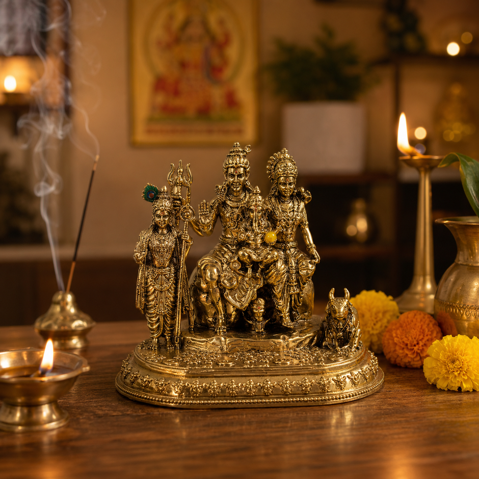 Shiv Parivar Idol | Premium Brass Idol with Brass & Silver Finish | Lord Shiva Parvati Ganesh Kartikeya Murti for Home Temple