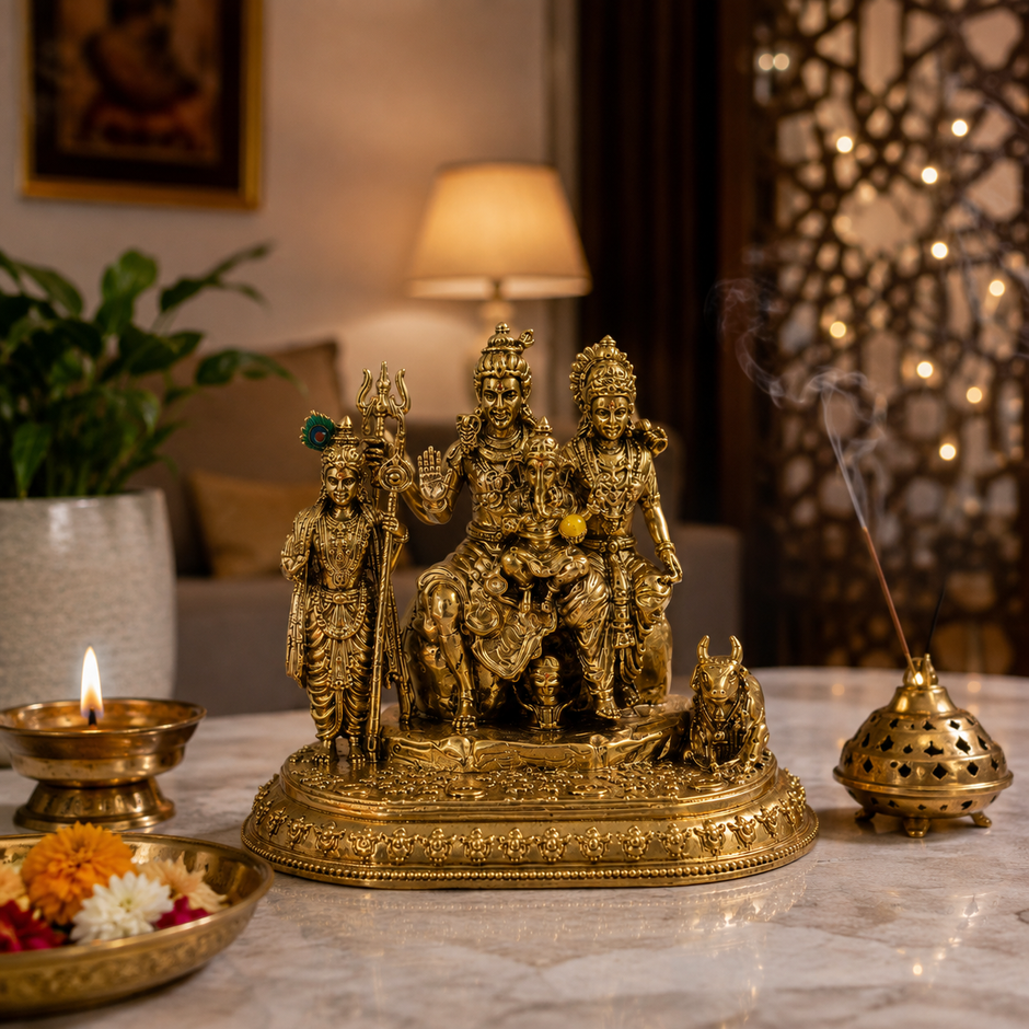 Shiv Parivar Idol | Premium Brass Idol with Brass & Silver Finish | Lord Shiva Parvati Ganesh Kartikeya Murti for Home Temple