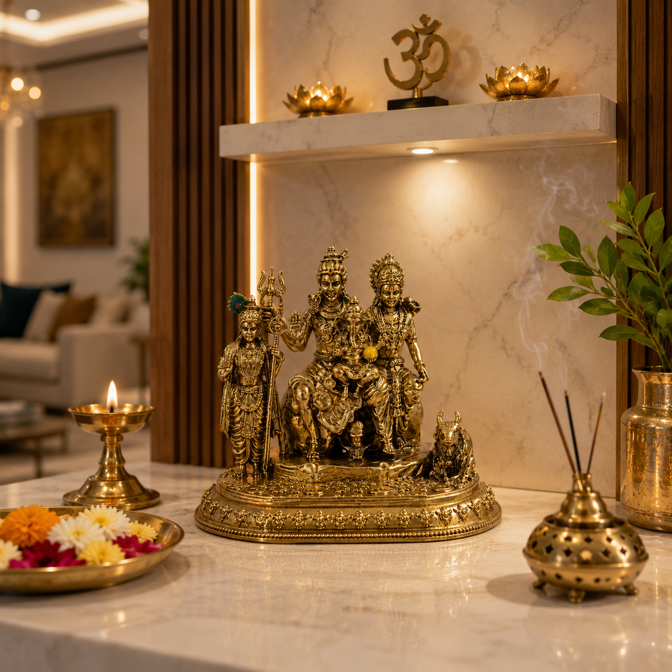 Shiv Parivar Idol | Premium Brass Idol with Brass & Silver Finish | Lord Shiva Parvati Ganesh Kartikeya Murti for Home Temple