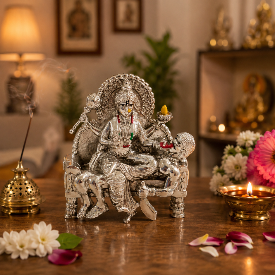Baglamukhi Maa Brass Idol with Silver Finish on decorative tray with rose petals and diya — outdoor setting