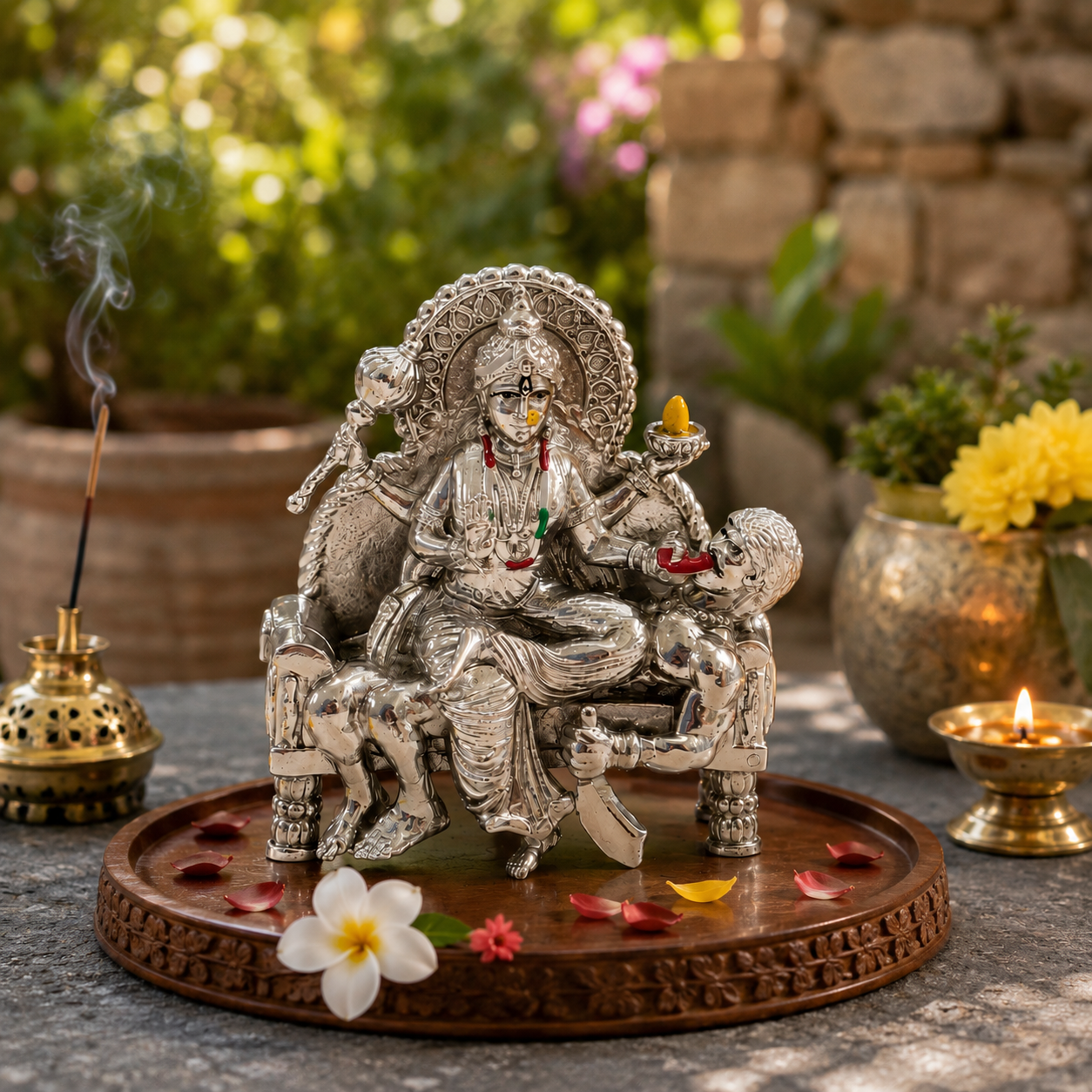 Bagla Mukhi Maa Silver Finish Murti on office desk with Focus Discipline Success poster — ideal for professionals