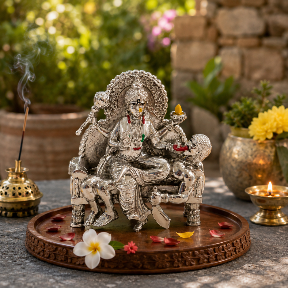 Bagla Mukhi Maa Silver Finish Murti on office desk with Focus Discipline Success poster — ideal for professionals