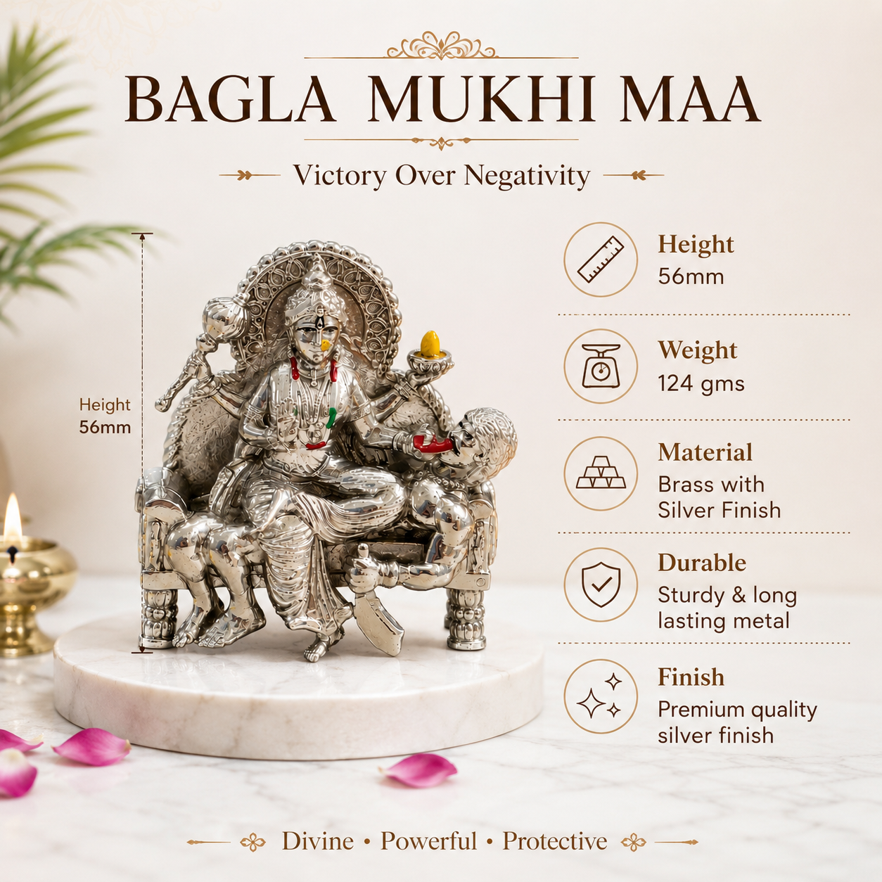 Baglamukhi Mata Brass Murti with Silver Finish placed in golden mandir backdrop with diya and flowers