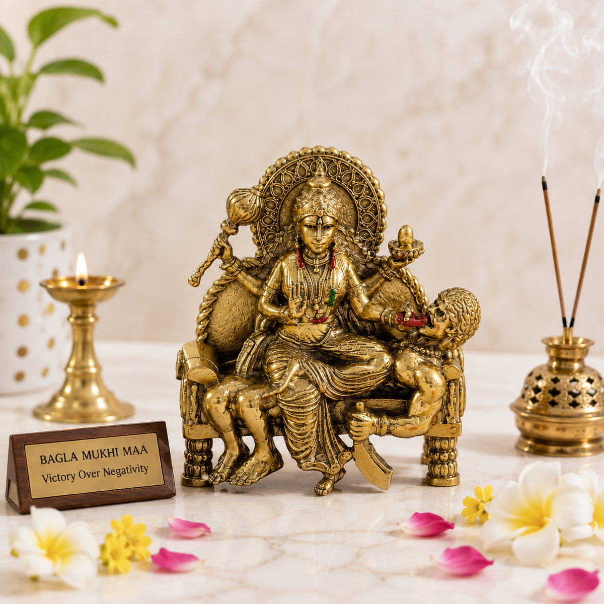 Bagla Mukhi Maa Idol | Premium Brass Idol with Brass & Silver Finish | Victory Over Negativity | Baglamukhi Mata Murti for Home Temple & Office