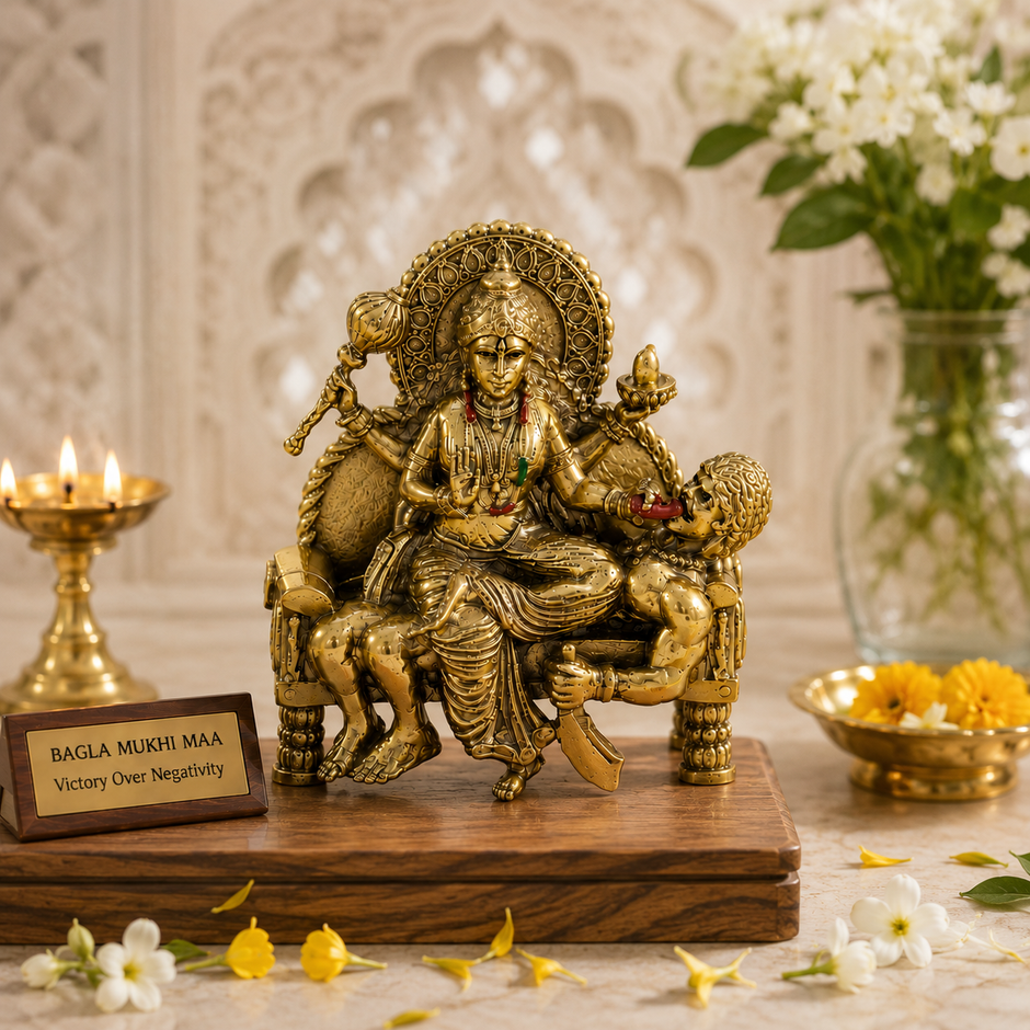 Bagla Mukhi Maa Idol | Premium Brass Idol with Brass & Silver Finish | Victory Over Negativity | Baglamukhi Mata Murti for Home Temple & Office