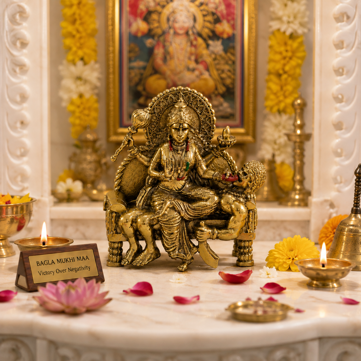 Bagla Mukhi Maa Idol | Premium Brass Idol with Brass & Silver Finish | Victory Over Negativity | Baglamukhi Mata Murti for Home Temple & Office