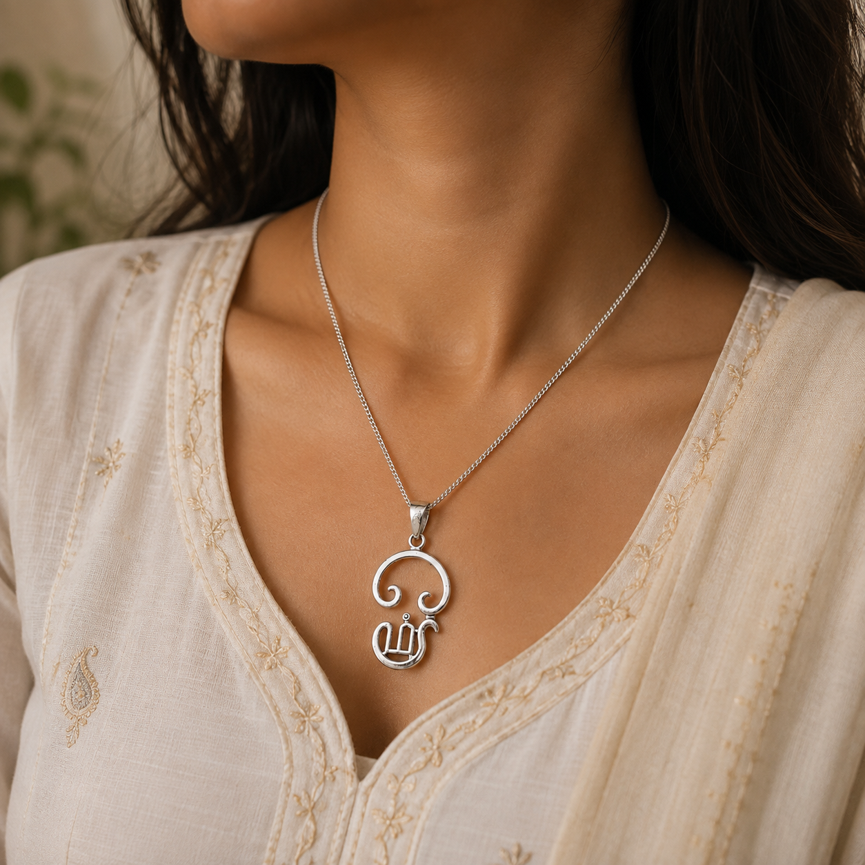Tamil Om pendant in brass silver finish on dark stone with diya, white flowers and peace card in background