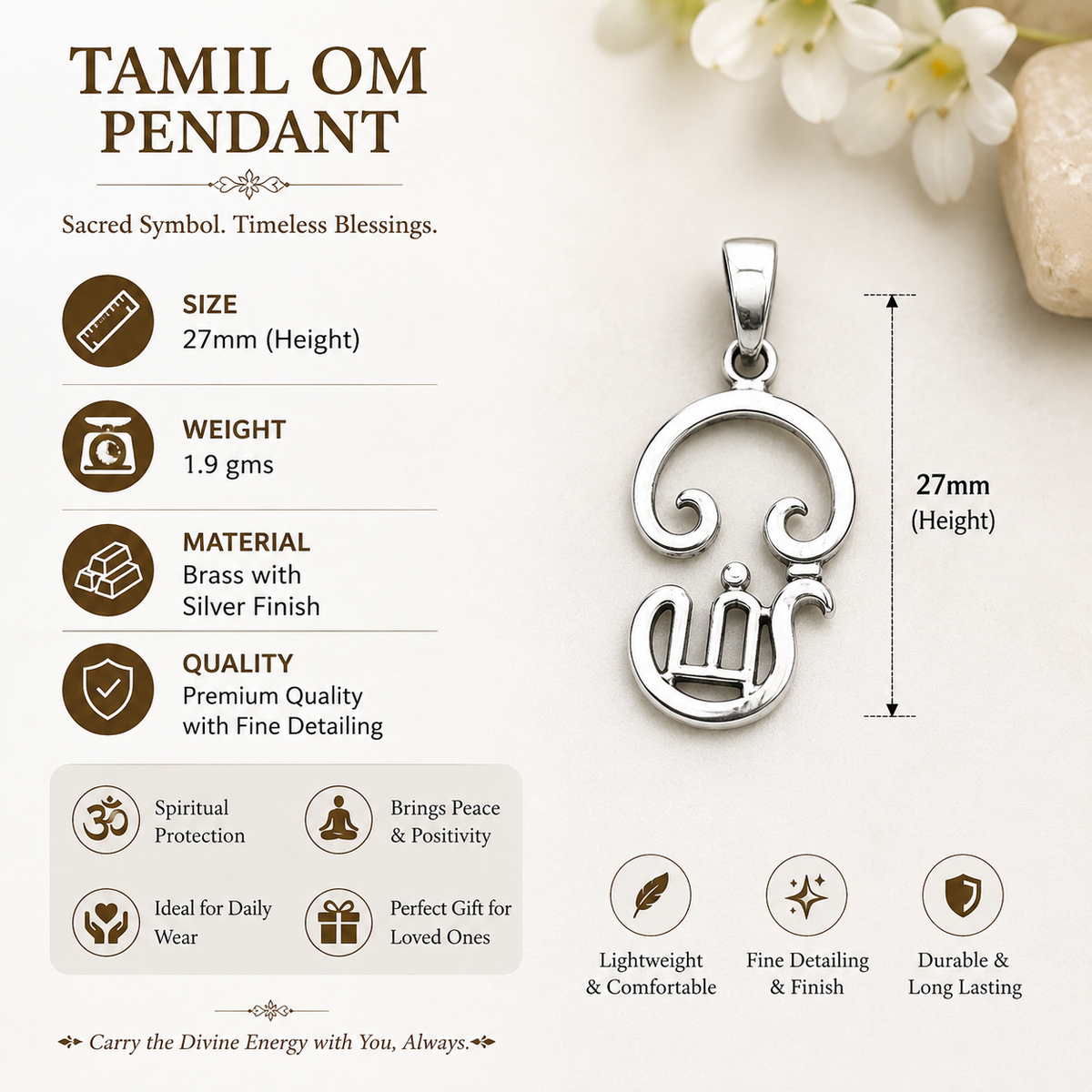 Tamil Om pendant in brass silver finish worn by man in black shirt showing pendant styled for daily wear