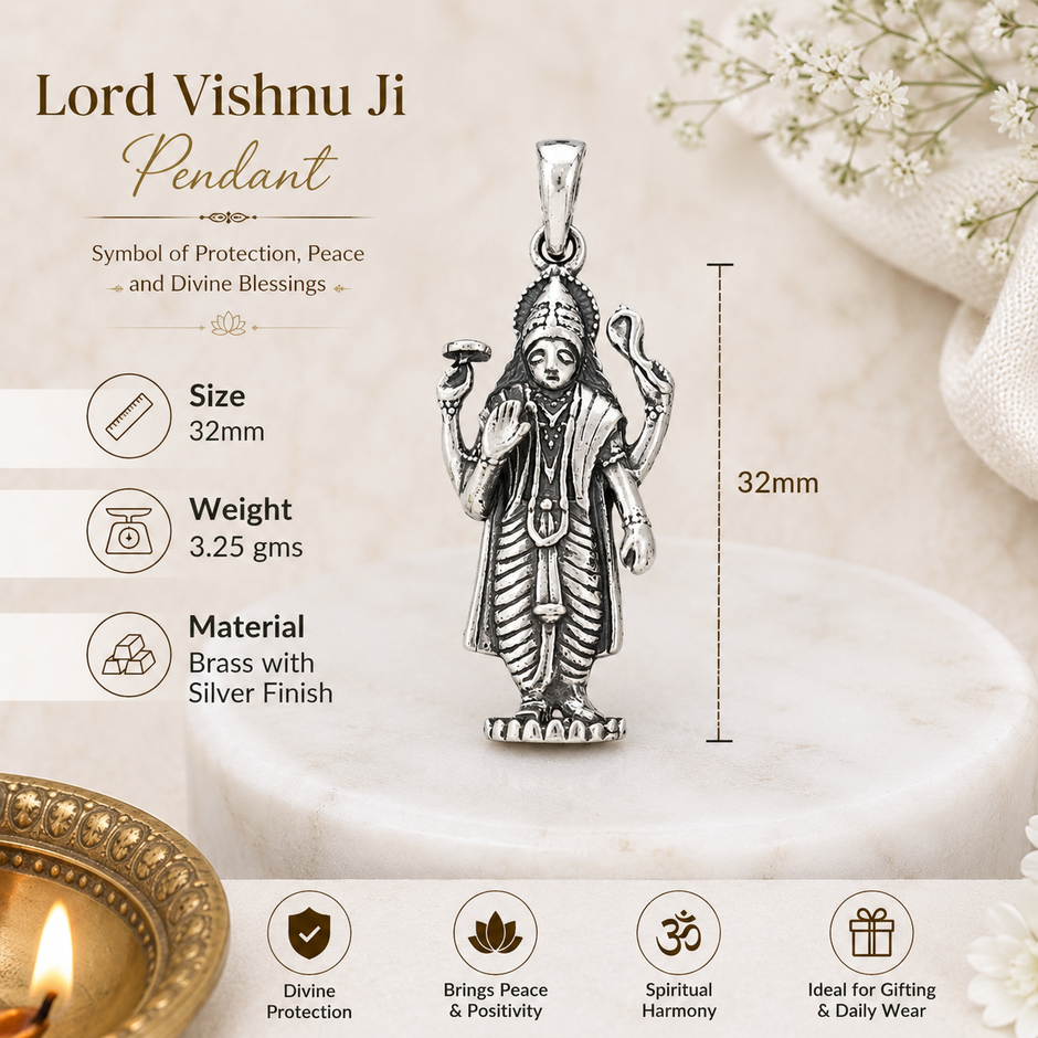 Lord Vishnu Ji pendant infographic showing size 32mm, weight 3.25gms, brass with silver finish material, divine protection, peace and spiritual harmony benefits