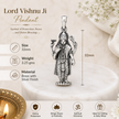 Lord Vishnu Ji pendant infographic showing size 32mm, weight 3.25gms, brass with silver finish material, divine protection, peace and spiritual harmony benefits