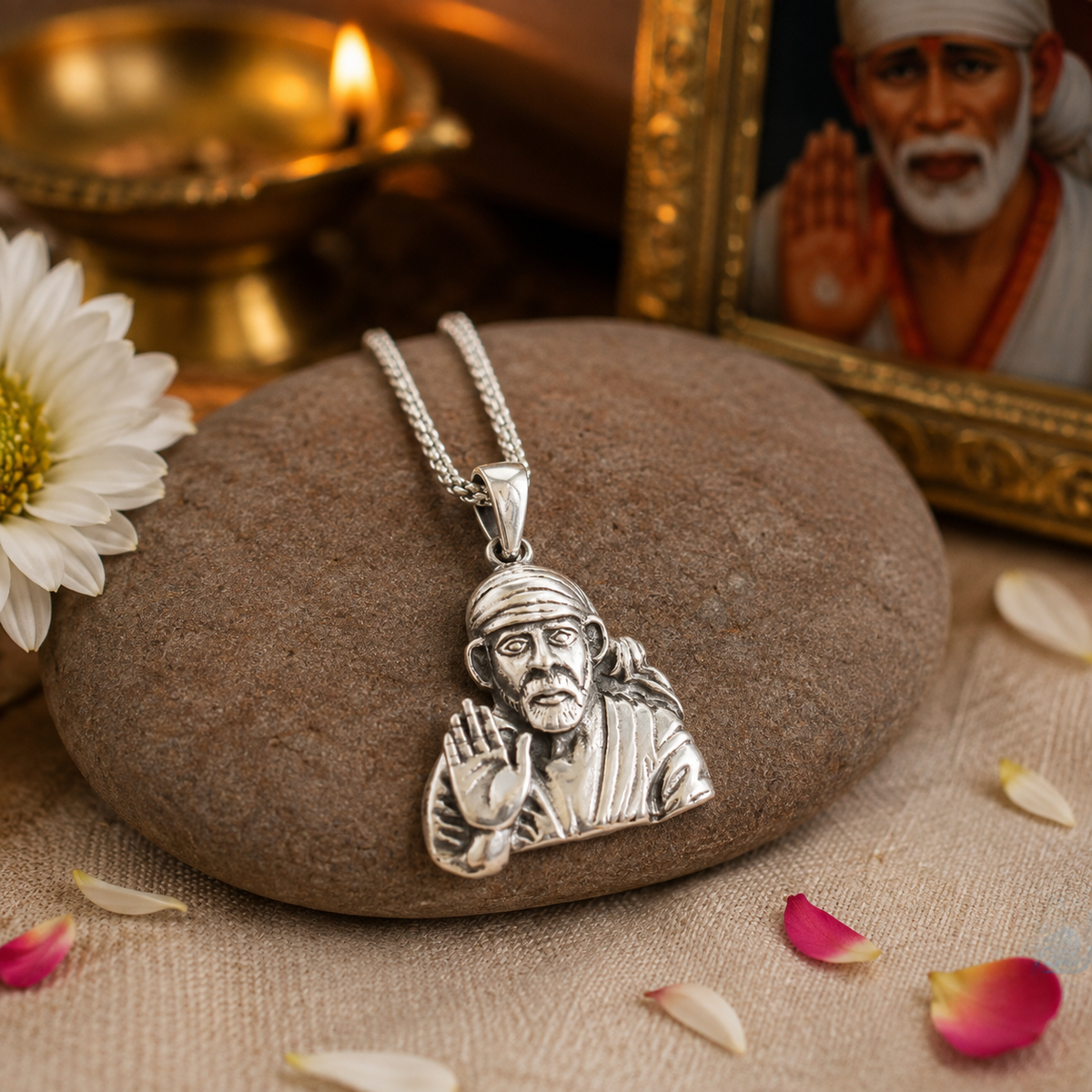 Sai Baba pendant in brass silver finish with Abhaya Mudra on brown pebble stone with white chrysanthemum flowers, rose petals and Sai Baba photo frame in warm diya light