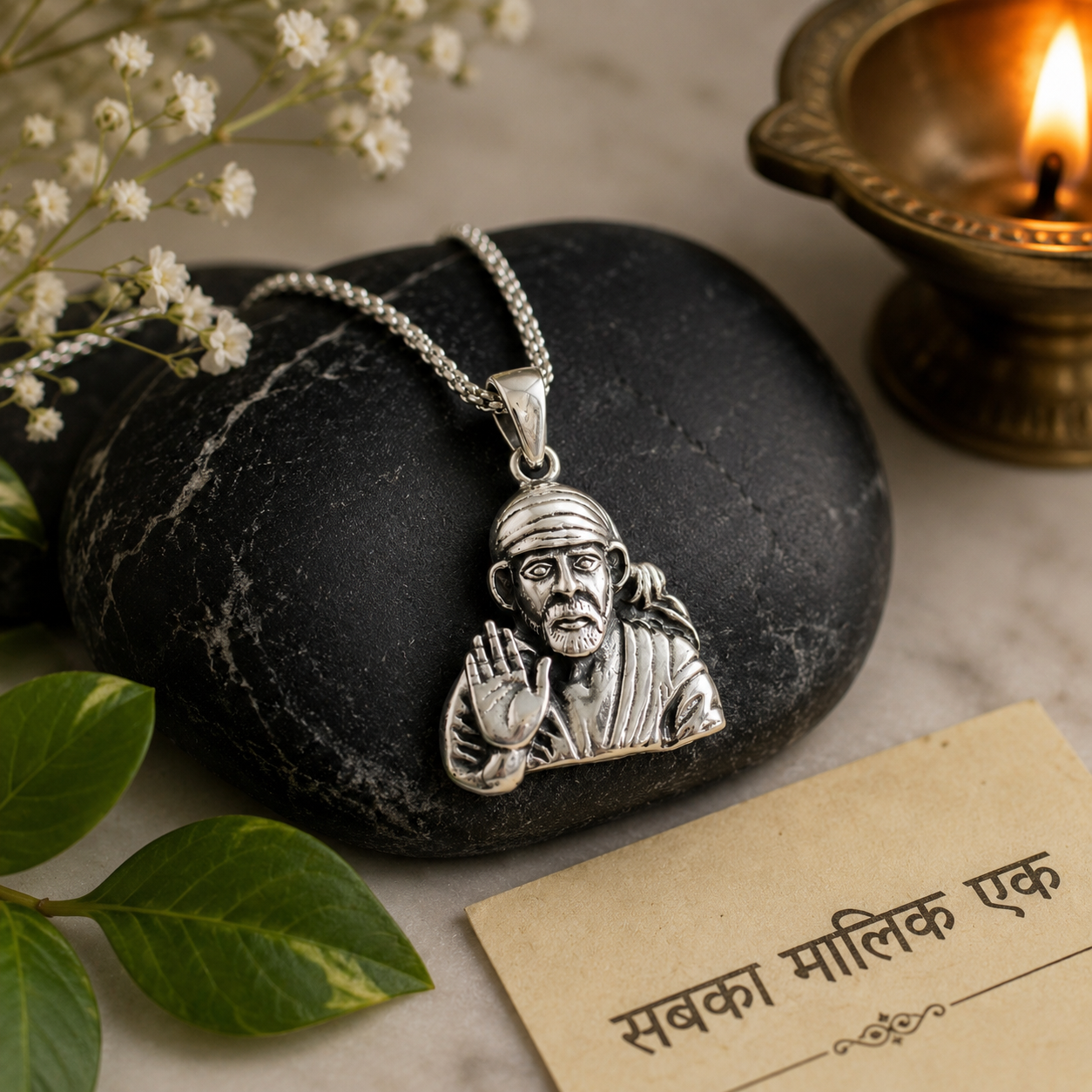 Sai Baba pendant in brass oxidised silver finish on black stone with Sabka Malik Ek inscription card, green leaves and diya in background
