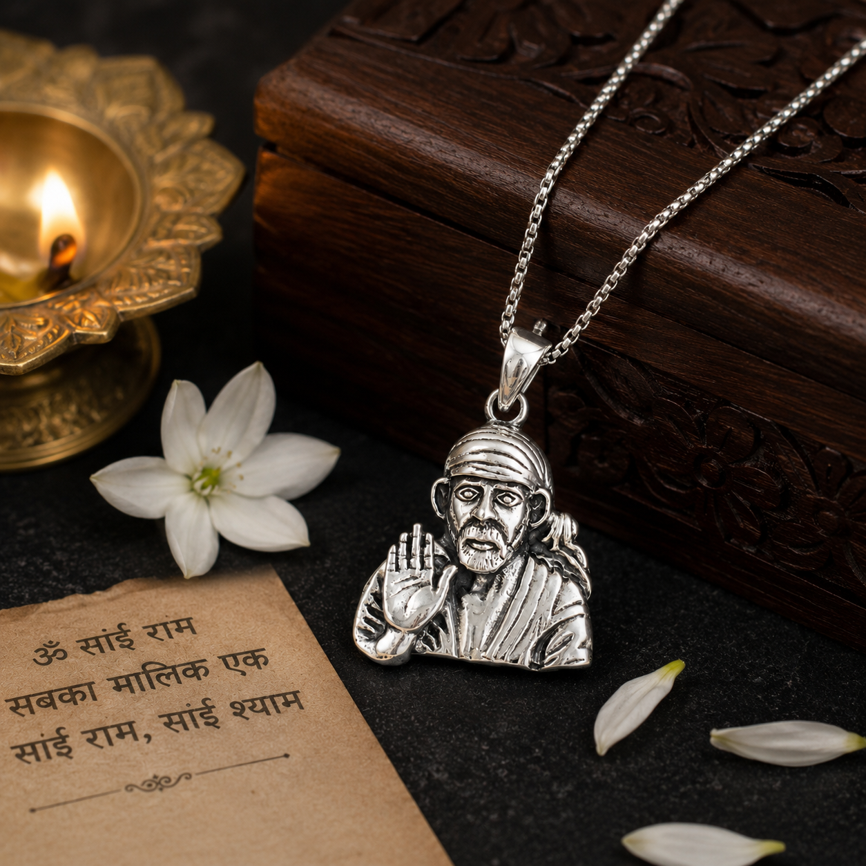 Sai Baba pendant in brass silver finish on carved wooden box with Om Sai Ram Sabka Malik Ek devotional card, white lily flower and diya