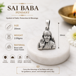 Sai Baba pendant infographic showing size 20mm, weight 2.09gms, brass with silver finish material, divine protection, peace and positivity, spiritual strength and ideal for daily wear and gifting