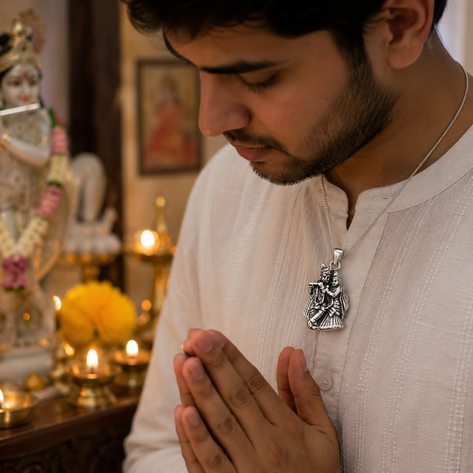 Radha Krishna pendant in brass silver finish worn by man in white kurta with hands folded in prayer in front of home temple with Radha Krishna idol, diyas and marigold flowers