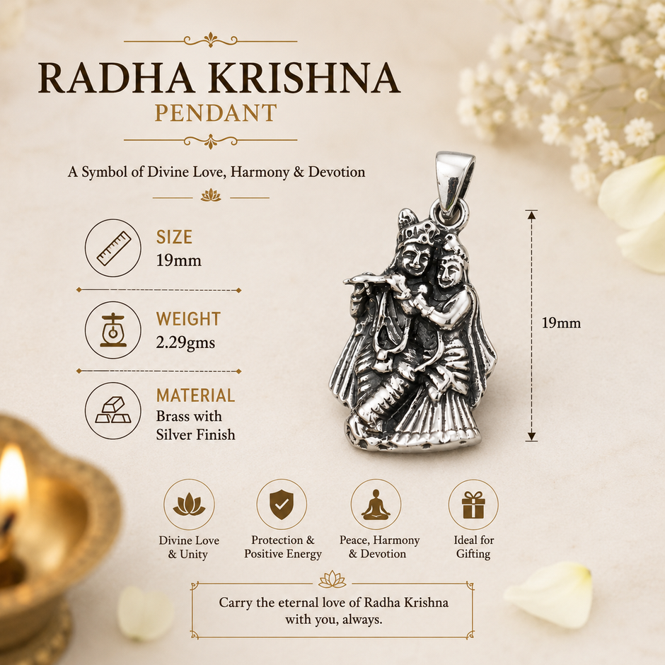 Radha Krishna pendant infographic showing size 19mm, weight 2.29gms, brass with silver finish, divine love and unity, protection and positive energy, peace harmony devotion, ideal for gifting
