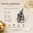 Radha Krishna pendant infographic showing size 19mm, weight 2.29gms, brass with silver finish, divine love and unity, protection and positive energy, peace harmony devotion, ideal for gifting