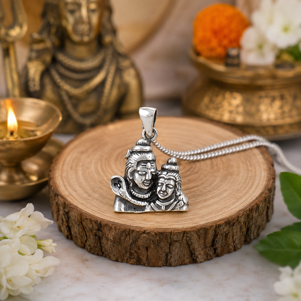 Shiv Parvati Ji pendant in brass antique silver finish on wooden slice with silver chain, brass Shiva idol, lit diya, marigold and white flowers in warm devotional setting