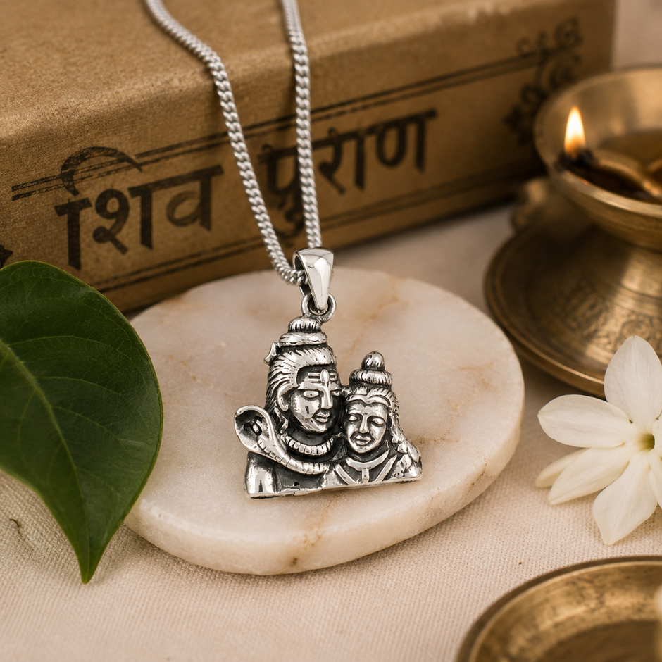 Shiv Parvati Ji pendant in brass silver finish on white pebble stone with silver chain, Shiv Purana book in background, green bael leaf, jasmine flower and lit brass diya