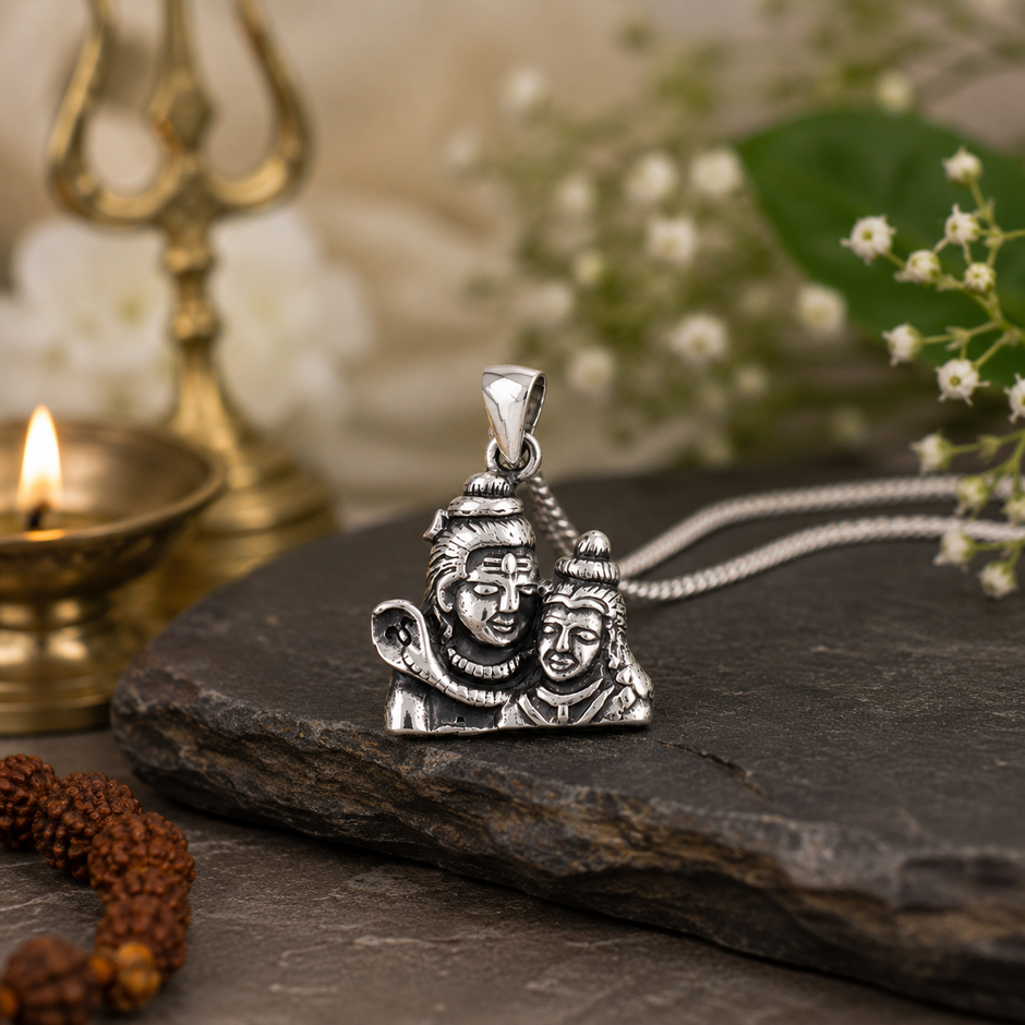 Shiv Parvati Ji pendant in brass antique silver finish on dark slate stone with silver chain, brass trishul lamp, rudraksha mala, white baby breath flowers and lit diya