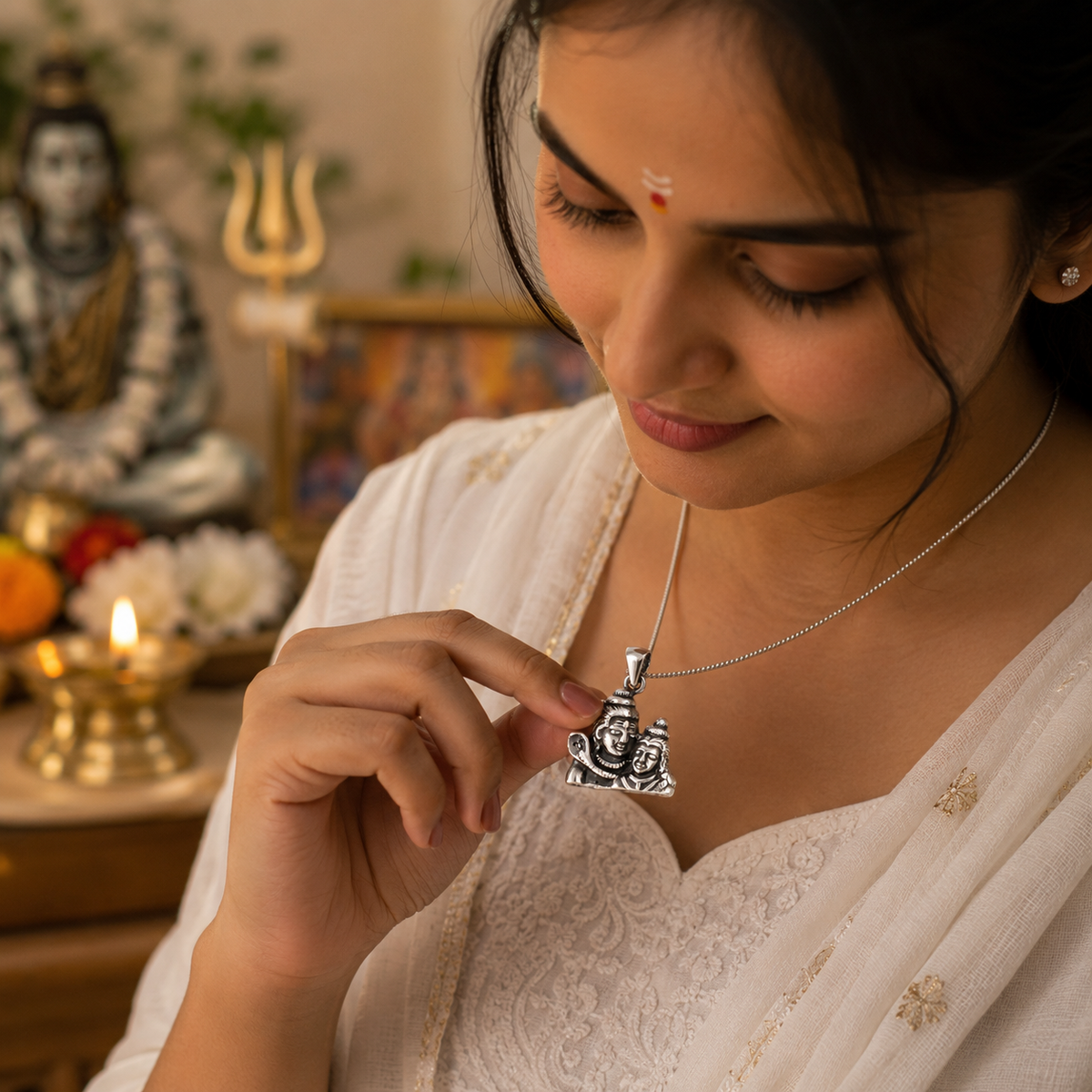 Shiv Parvati Ji pendant in brass silver finish worn by woman in white saree with sindoor and bindi, holding pendant while smiling near home temple with Shiva idol and diyas