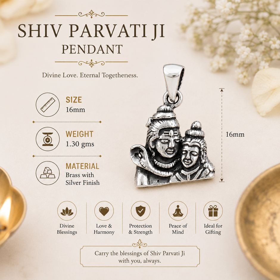 Shiv Parvati Ji pendant infographic showing size 16mm, weight 1.30gms, brass with silver finish, divine blessings, love and harmony, protection and strength, peace of mind, ideal for gifting
