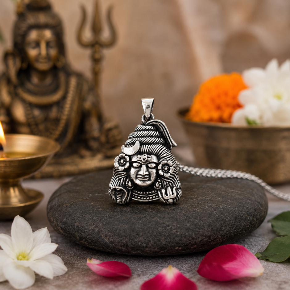Mahadev Ji Shiv Ji face pendant in brass antique silver finish on black river pebble with silver chain, brass Shiva idol, lit diya, marigold and white lotus flowers