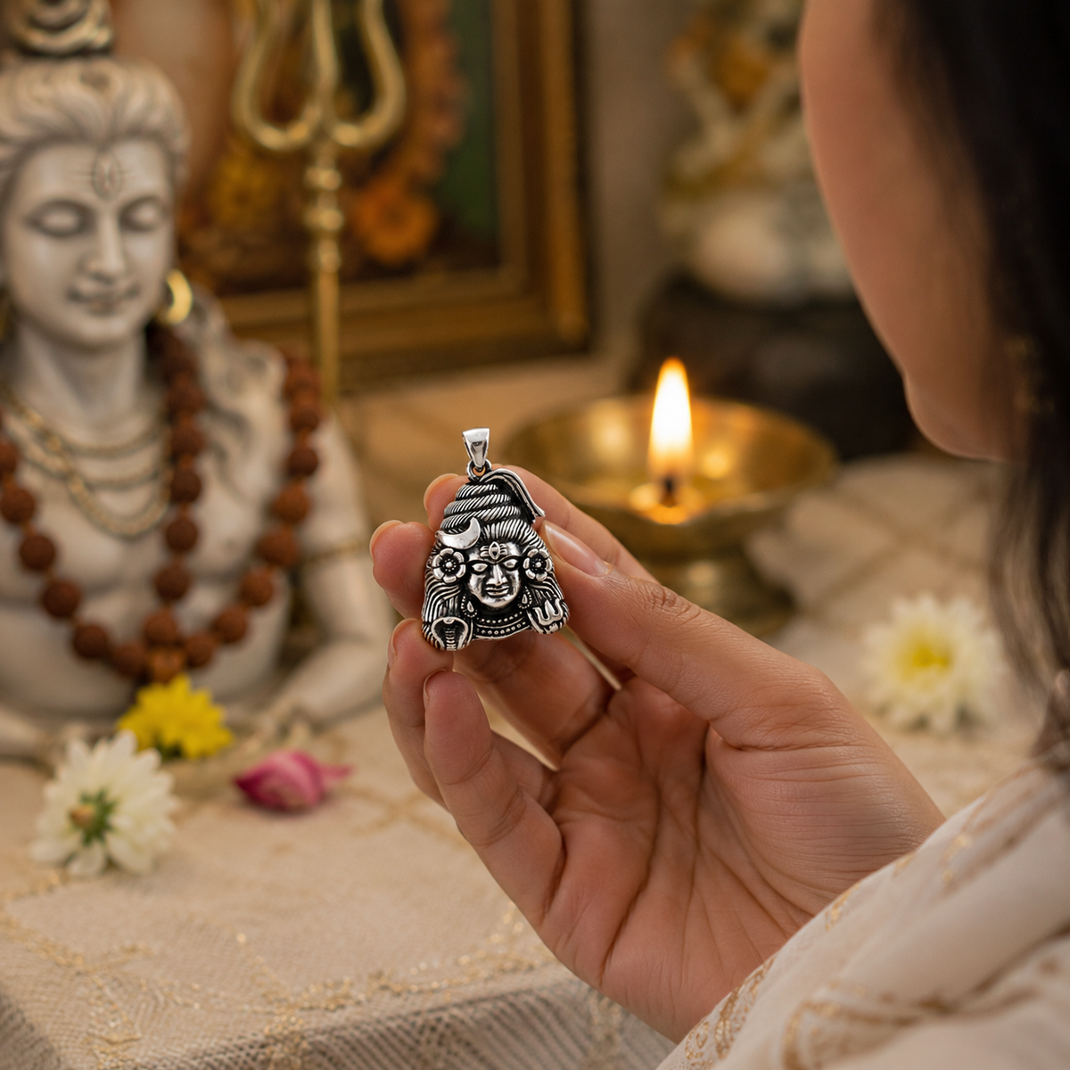 Woman in white holding Mahadev Ji brass silver pendant in both hands in front of white Shiva marble idol with rudraksha mala, lit diya, lotus and white flowers at home temple