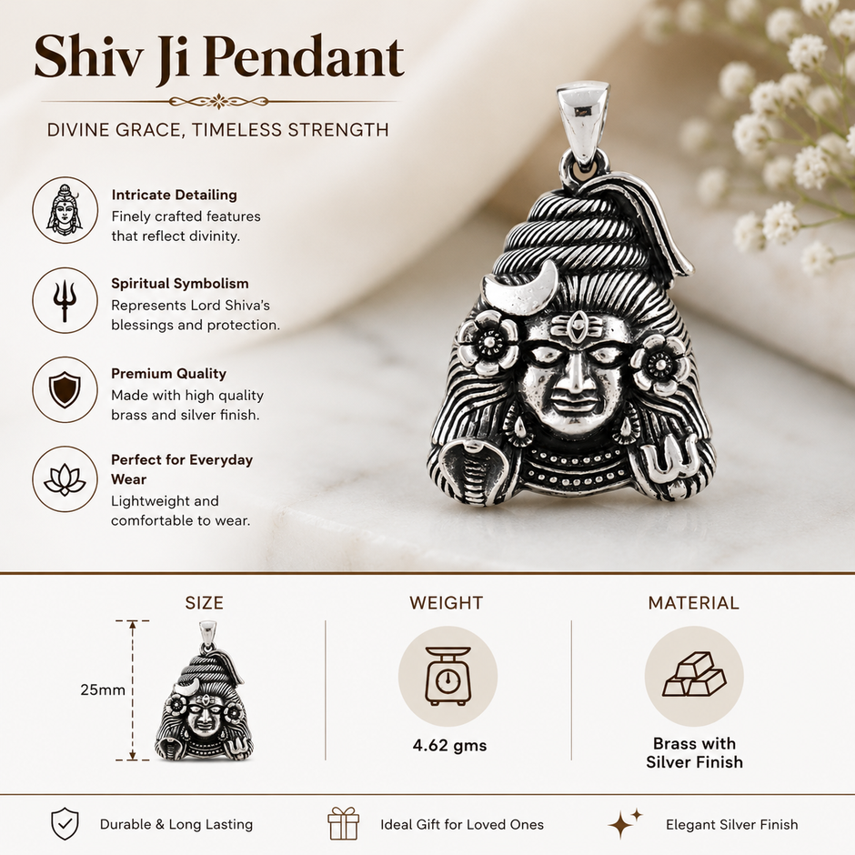 Mahadev Ji pendant infographic showing size 25mm, weight 4.62gms, brass with silver finish, intricate detailing, spiritual symbolism, premium quality, perfect for everyday wear, durable and long lasting