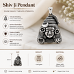 Mahadev Ji pendant infographic showing size 25mm, weight 4.62gms, brass with silver finish, intricate detailing, spiritual symbolism, premium quality, perfect for everyday wear, durable and long lasting