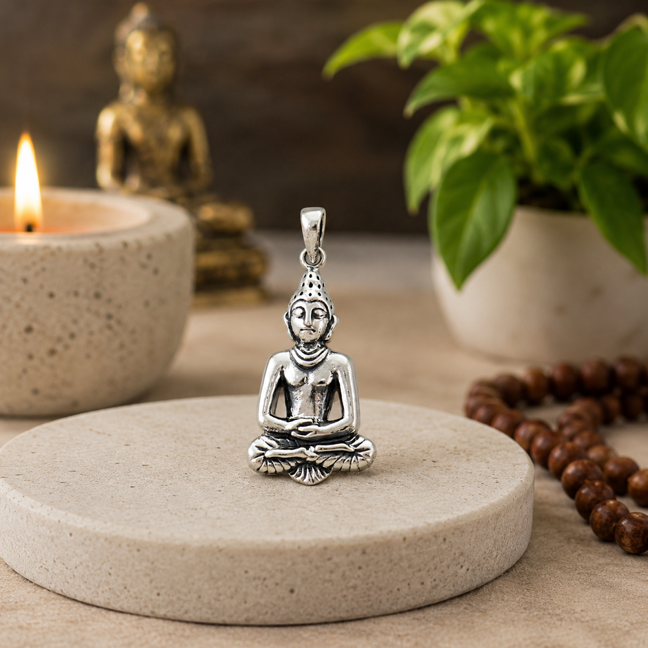 Gautam Buddha meditating pendant in brass antique silver finish on concrete disc with rudraksha mala, lit candle, gold Buddha idol and green plant in calm mindful setting