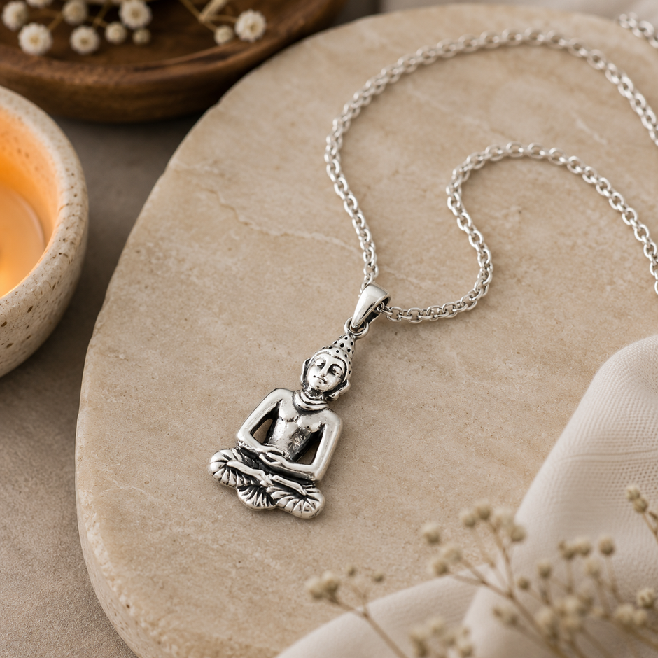 Gautam Buddha pendant in brass antique silver finish on silver chain resting on white marble stone with candle, white flowers and white linen in serene meditation setting